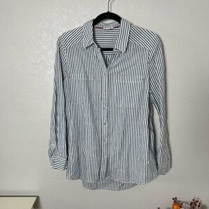 Sundance Linen-Blend White and Blue Striped Button-Down Shirt